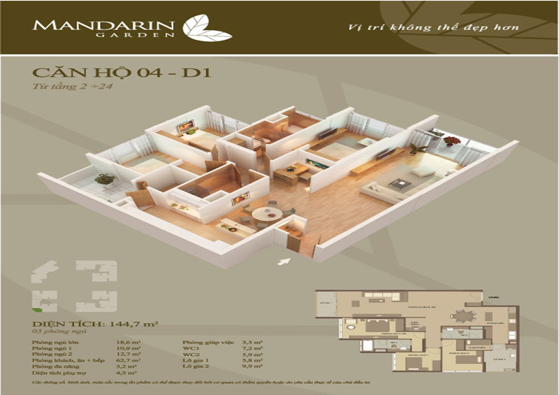 Mẫu thiết kế nội thất căn hộ chung cư Mandarin Garden 144m2