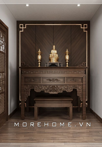Mẫu thiết kế nội thất phòng thờ gỗ óc chó sang trọng, đẳng cấp
