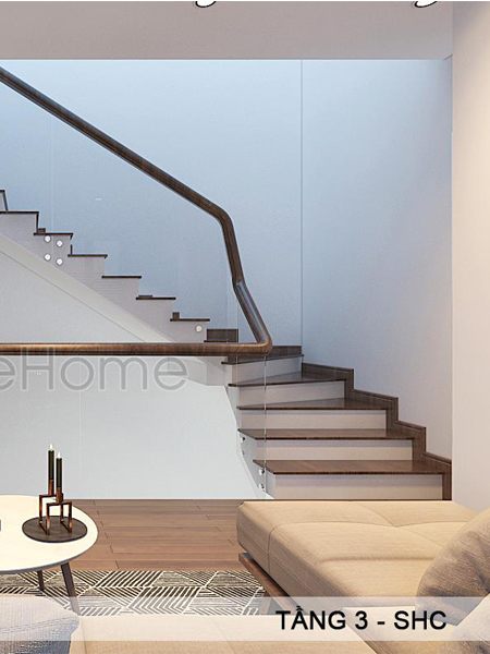 Cầu thang gỗ ở biệt thự VinHome Thăng Long