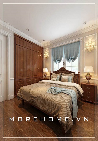 Thiết kế phòng ngủ biệt thự đẹp với nội thất gỗ óc chó cao cấp