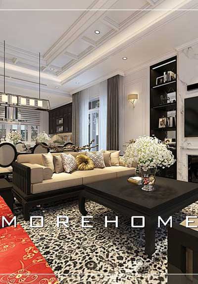 Thiết kế nội thất phòng khách gỗ phong cách Á Đông sang trọng, đẳng cấp