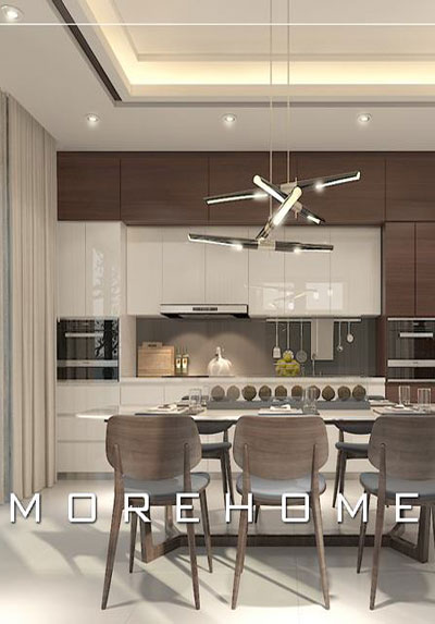 Thiết kế nội thất phòng ăn cạnh bếp hiện đại - tân cổ điển đẹp, sang trọng