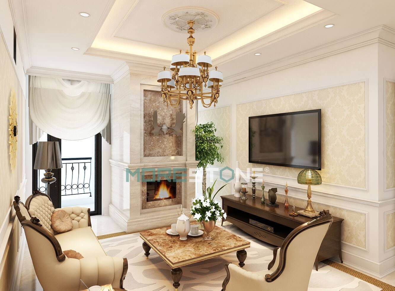 Thiết kế phòng khách sử dụng đá tự nhiên ốp tường lò sưởi theo phong cách tân cổ điển sang trọng