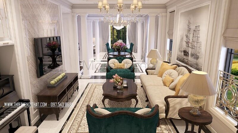 Thiết kế nội thất phòng khách biệt thự cao cấp phong cách tân cổ điển ấn tượng bởi các đường nét sắc nét và chi tiết tỉ mỉ, tinh tế Thu hút với mẫu bày trí phòng khách tân cổ điển sang trọng
