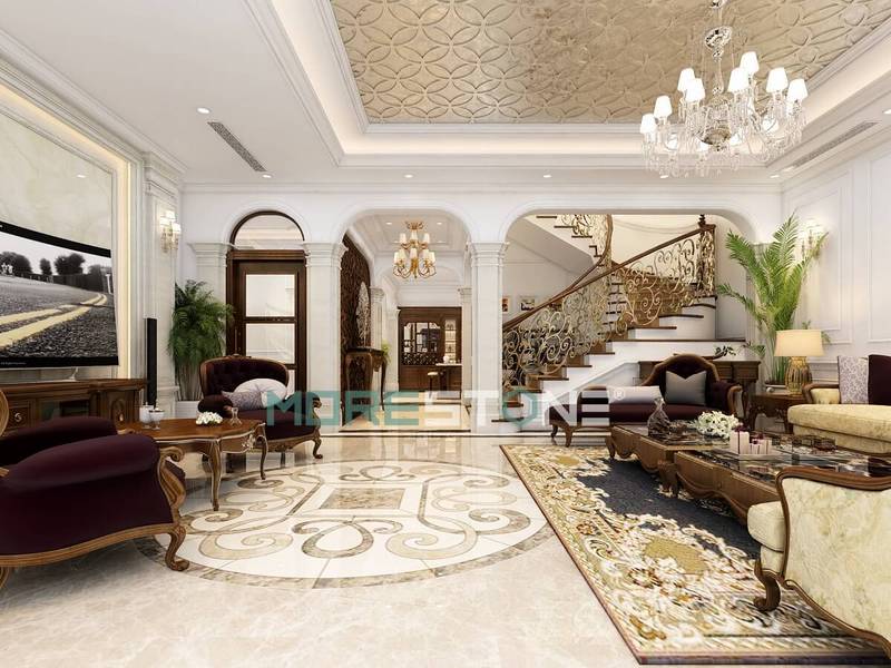Phòng khách biệt thư theo phong cách tân cổ điển sự dụng hoa văn tròn làm điểm nhấn Thu hút với mẫu bày trí phòng khách tân cổ điển sang trọng
