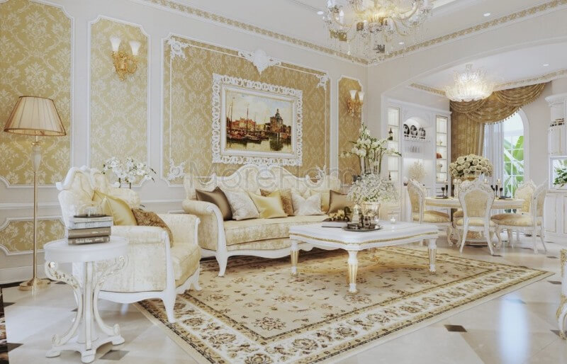Thiết kế nội thất phòng khách biệt thự tân cổ điển được kiến trúc sư đầu tư tỉ mỉ về cả đường nét và màu sắc, thể hiện được đúng cái Thu hút với mẫu bày trí phòng khách tân cổ điển sang trọng