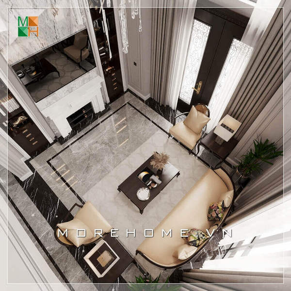 Mẫu bàn ghế sofa phòng khách sang trọng, chất liệu bàn gỗ tự nhiên cao cấp và bộ ghế sofa bọc da chân ghế gỗ tự nhiên tạo nên một không gian phòng khách sang trọng và đẳng cấp. Thu hút với mẫu bày trí phòng khách tân cổ điển sang trọng