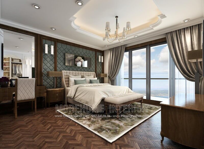 Thiết kế giường ngủ bố mẹ đầy ấn tượng, khung giường được làm từ chất liệu gỗ óc chó nhập khẩu cao cấp kết hợp bọc vải sáng màu mang đến cho người sử dụng cảm giác dễ chịu và thoải mái