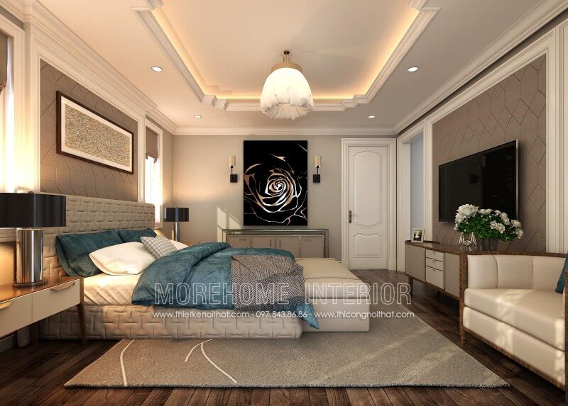 Mẫu giường ngủ bố mẹ được thiết kế đơn giản, nhẹ nhàng, KTS lựa chọn chất liệu gỗ công nghiệp bọc da ấn tượng cùng màu sắc trang nhã gợi nên một không gian riêng tư sang trọng và hiện đại