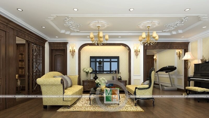 Thiết kế nội thất phòng khách chung cư Mandarin sang trọng với phong cách tân cổ điển cùng đồ nội thất gỗ tự nhiên cao cấp. Gợi ý các mẫu thiết kế phòng khách tân cổ điển đẹp
