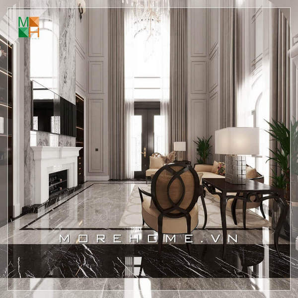 Mẫu bộ bàn gỗ tự nhiên cao cấp, ghế sofa bọc da cao cấp chân ghế gỗ tự nhiên sang trọng rất phù hợp với không gian phòng khách tân cổ điển. Gợi ý các mẫu thiết kế phòng khách tân cổ điển đẹp