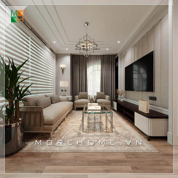 Bạn ấn tượng với phong cách thiết kế phòng khách chung cư mang phong cách tân cổ điển với sự kết hợp sáng tạo giữa cái cổ với cái hiện đại. Hãy ngắm nhìn những thiết kế tinh tế với những chạm khắc nhẹ những cái phào nổi của cái kệ TV và tường treo của chiếc TV, tất cả đều thể hiện nét sáng tạo ấn tượng của thiết kế nội thất tân cổ điển. Gợi ý các mẫu thiết kế phòng khách tân cổ điển đẹp