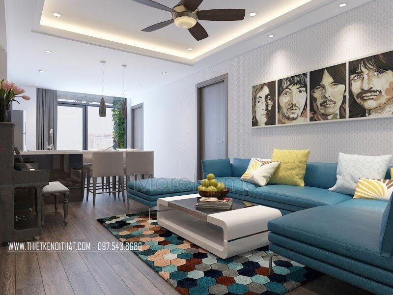 Thiết kế nội thất phòng khách chung cư được kiến trúc sư lựa chọn sử dụng tone màu đơn giản, gam màu lạnh mang lại cho không gian sinh hoạt chung một cảm giác sang trọng, sạch sẽ và vô cùng tinh tế Thiết kế phòng khách chung cư hiện đại