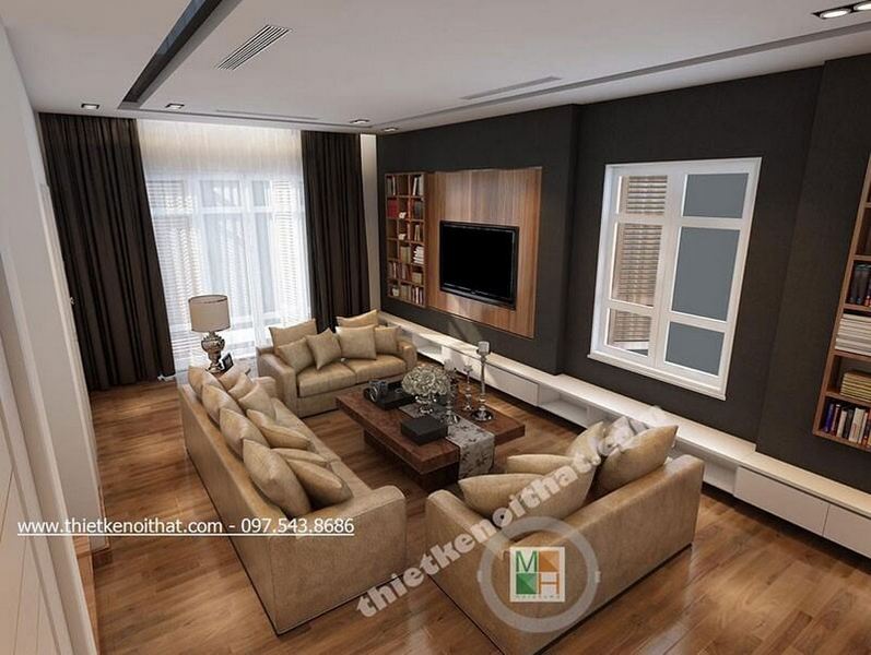 Mẫu sofa phòng khách bọc da cao cấp tone màu vàng hiện đại kết hợp bàn trà gỗ tự nhiên ấn tượng, sang trọng Thiết kế phòng khách chung cư hiện đại