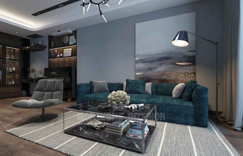 Thiết kế mẫu sofa bọc nỉ màu xanh đẹp cho phòng khách chung cư, biệt thự Thiết kế phòng khách chung cư hiện đại