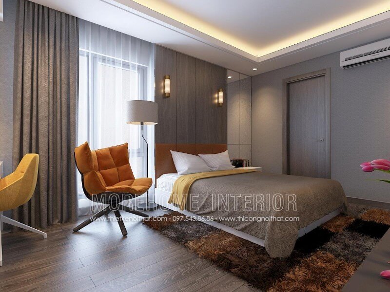 Thiết kế giường ngủ chung cư đầy ấn tượng, phần đầu giường bọc da màu cam sang trọng đem lại trải nghiệm vô cùng thoải mái cho người sử dụng