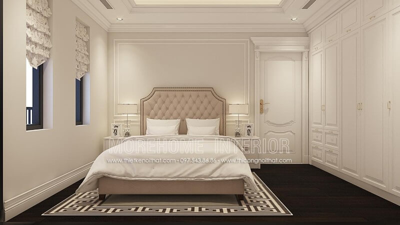 Thiết kế giường ngủ gỗ tự nhiên cao cấp bọc da cách điệu, phần đầu giường được chần nút bắt mắt máng lại không gian giường ngủ đầy sang trọng và lôi cuốn