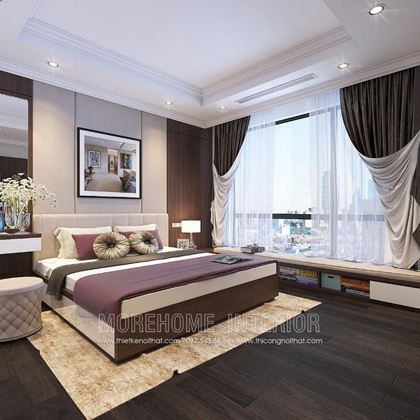 Giường ngủ gỗ công nghiệp bọc da đầu giường tạo điểm nhấn cho căn phòng thêm sang trọng và ấn tượng hơn cả