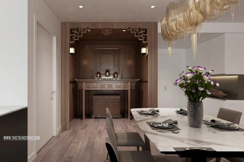 Bộ tủ thờ hiện đại gỗ công nghiệp được đặt ở vị trí trung tâm của ngôi nhà mang lại sinh khí cũng như mang lại điều tốt lành và thể hiện lòng thành kính của gia chủ với người đã khuất trong gia đình Tủ thờ chung cư