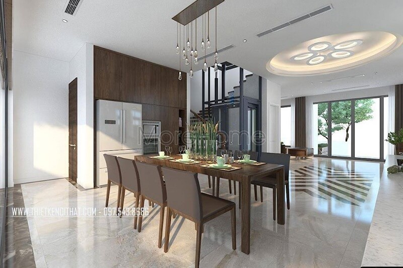 Thiết kế phòng ăn biệt thự sang trọng với bộ bàn ăn gỗ tự nhiên tạo điểm nhấn nổi bật cho không gian Thiết kế phòng ăn hiện đại, nhẹ nhàng, sang trọng