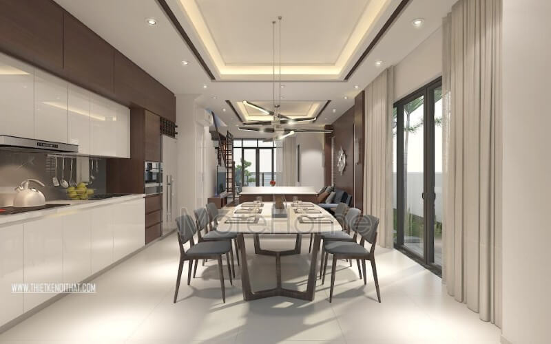 Phòng ăn sang trọng với gỗ tự nhiên cao cấp đang là xu hướng được rất nhiều gia đình ưa chuộng hiện nay, đặc biệt là các không gian biệt thự lớn, làm nổi bật nét lịch lãm trong phong cách của chủ nhà Thiết kế phòng ăn hiện đại, nhẹ nhàng, sang trọng