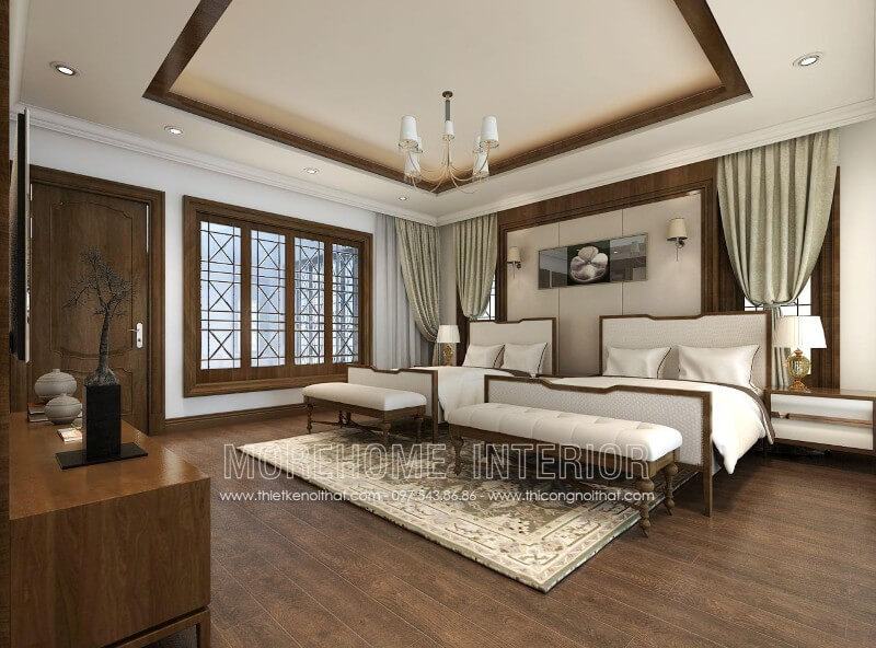 Thiết kế giường ngủ hiện đại cao cấp với chất liệu gỗ óc chó nhập khẩu, thể hiện được sự sang chảnh và đẳng cấp của một khách sạn 4 sao hàng đầu