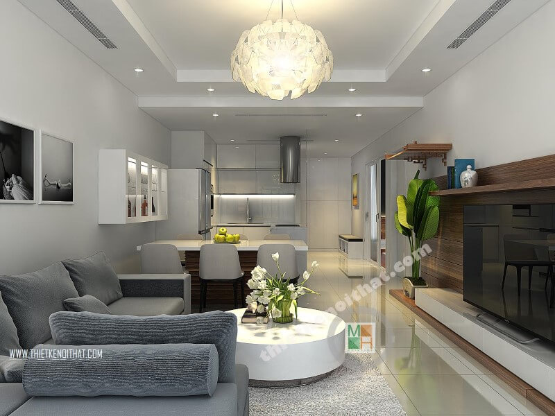 Thiết kế phòng khách chung cư hiện đại, tiên nghi với đồ nội thất nhỏ gọn và cách sắp xếp khoa học hợp lí giúp tiết kiệm diện tích căn phòng