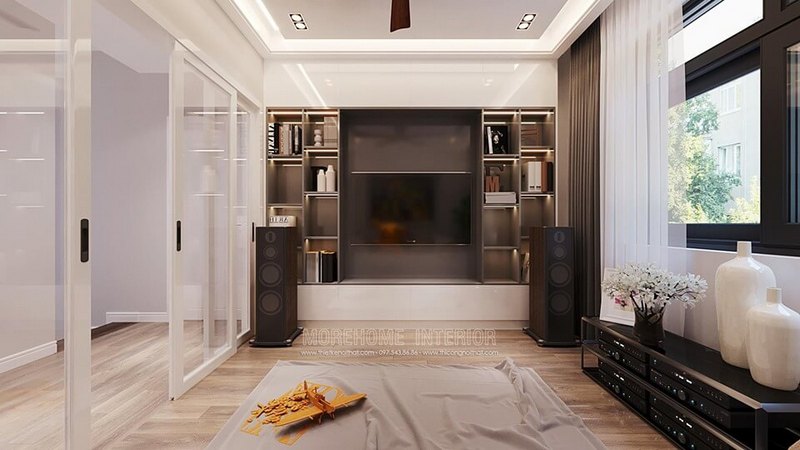 Trang trí nội thất phòng sinh hoạt chung tại khu vực hành lang tầng nhà biệt thự đẹp với hệ tủ gỗ liền kệ tivi hiện đại màu trắng gỗ công nghiệp an cường kệ gỗ trang trí đẹp