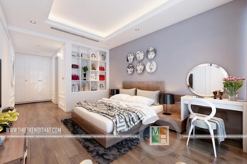 Thiết kế phòng ngủ chung cư cao cấp cho cô nàng độc thân cá tính với kệ trưng bày túi sách độc đáo và các đồ nội thất đơn giản tiện nghi mang đến căn phòng ngủ lí tưởng kệ gỗ trang trí đẹp