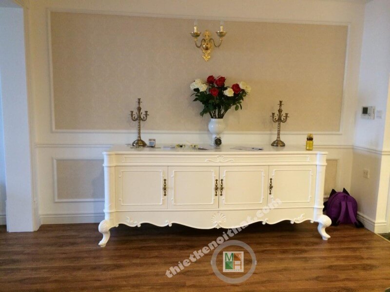 Kệ trang trí phong cách tân cổ điển cho phòng khách chung cư Mandarin Garden Hòa Phát kệ gỗ trang trí đẹp