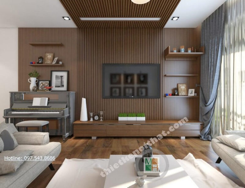 Kệ gỗ veneer hiện đại đầy ấn tượng tích hợp của nhiều công năng như kệ ti vi, kệ trang trí... kệ gỗ trang trí đẹp
