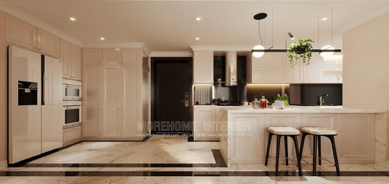 Đối lập với sắc trắng của tủ bếp là màu đen huyền bí, sang trọng của kính ốp, vừa tiện lợi, vừa sạch sẽ. Kính ốp bếp đẹp