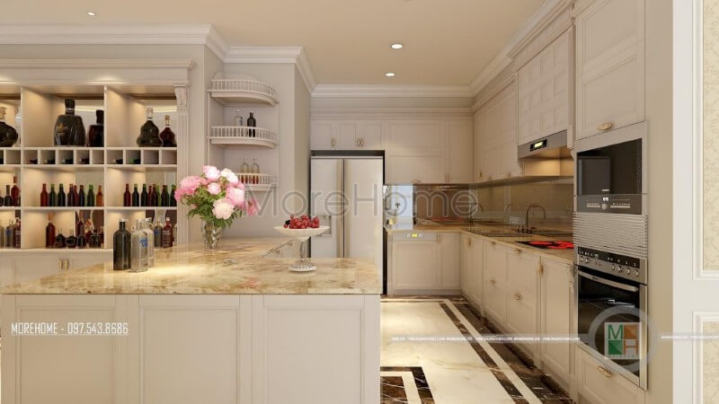 Dù nội thất của ngôi nhà theo phong cách tân cổ điển thì kính bếp vẫn cần được sử dụng để dễ dàng hơn trong việc vệ sinh và mang vẻ đẹp bền bỉ vượt thời gian. Kính ốp bếp đẹp