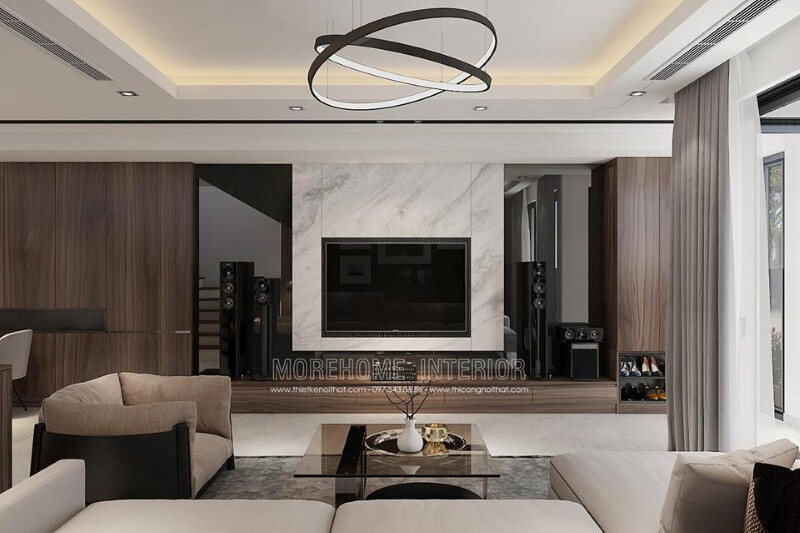 Đá ốp tường vân mây càng đẹp điểm nhấn ấn tượng trong không gian phòng khách hiện đại. Thiết kế nội thất bệt thự Hà Nội