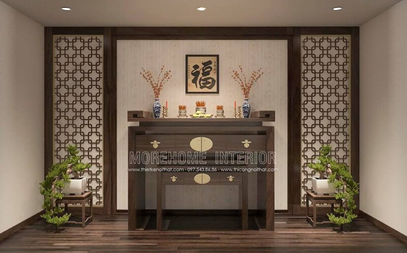 Tranh treo chữ Phúc đẹp trong bàn thờ gia tiên. Thiết kế nội thất bệt thự Hà Nội