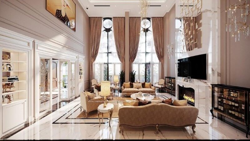 Sắp xếp nội thất phòng khách tân cổ điển đẹp, sang trọng tại Vinhomes Imperia Hải Phòng. Thiết kế nội thất bệt thự Hà Nội