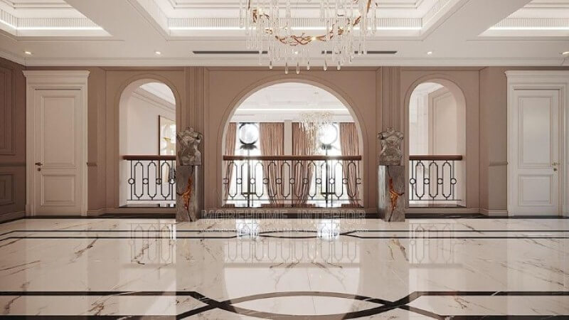 Trang trí hành lang đẹp, sang trọng cho phòng khách thông tầng. Thiết kế nội thất bệt thự Hà Nội