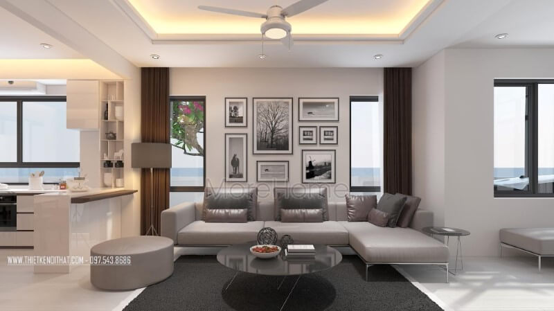 Thiết kế nội thất phòng khách hiện đại với tone trầm chủ đạo tạo nên không gian nhẹ nhàng, sâu lắng tại biệt thự Vinhomes Thăng Long Hà Nội. Thiết kế nội thất bệt thự Hà Nội