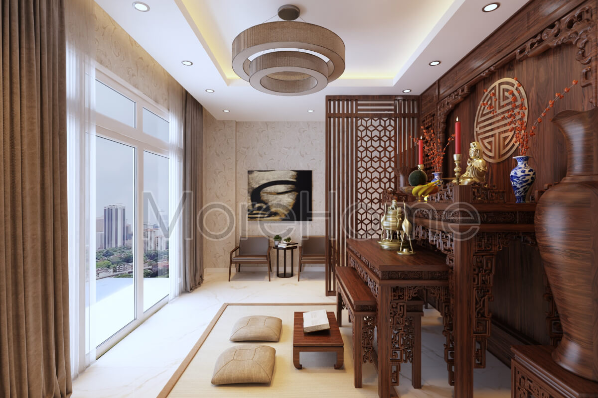Thiết kế phòng thờ gỗ tự nhiên cao cấp được chạm khắc 6D với đường gỗ mịn sơn bằng sơn alkana thiết kế phòng thờ