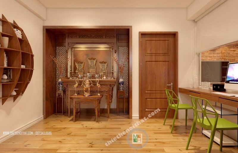 Thiết kế nội thất phòng thờ chung cư CT4 Mỹ Đình hiện đại với đồ nội thất gỗ tông màu nâu sáng. thiết kế phòng thờ