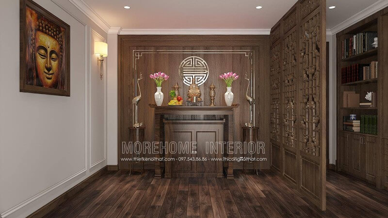 Thiết kế nội thất phòng thờ phật quan âm gỗ tự nhiên mang đến sự tôn nghiêm thiết kế phòng thờ