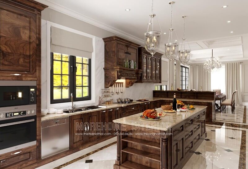 Tủ bếp gỗ óc chó tân cổ điển được thiết kế từ chất liệu gỗ tự nhiên nhập khẩu dành riêng cho biệt thự, chung cư cao cấp tủ bếp