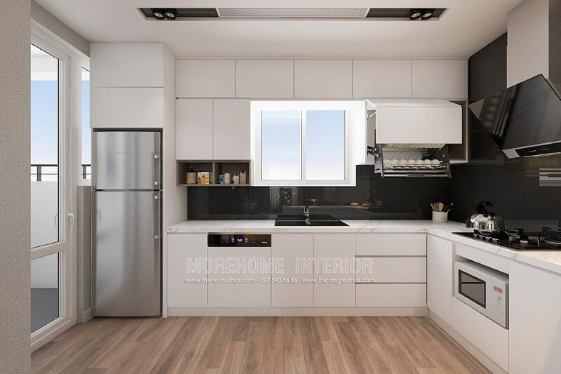 Màu đen đối lập của kính ốp bếp với màu của nội thất mang vẻ đẹp cao cấp tạo chiều sâu cuốn hút.