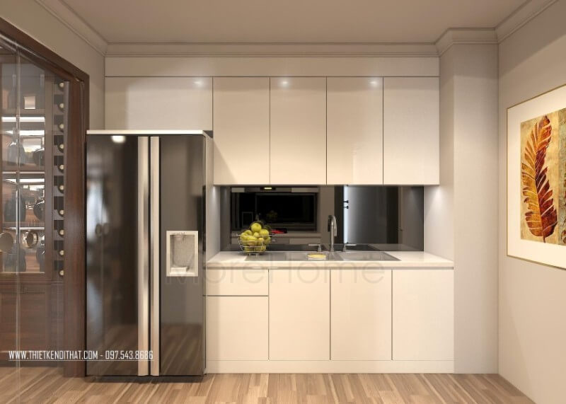 Kính ốp bếp màu đen sáng bóng thật sạch sẽ và sang trọng trong phòng bếp căn hộ hiện đại