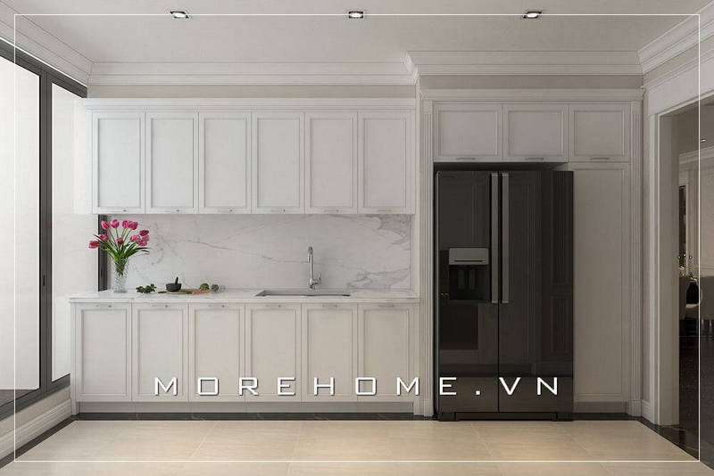 Thiết kế nội thất phòng bếp chung cư sang trọng sử dụng tone màu trắng tinh tế, thoải mái cho người nội trợ