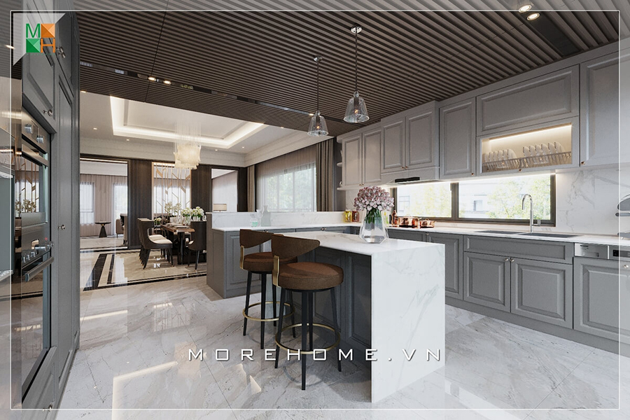 Phòng bếp của thiết kế nội thất nhà 100m2 rộng rãi và thông thoáng