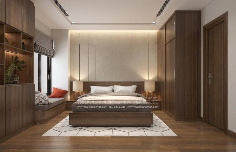 Thiết kế nội thất phòng ngủ chung cư hiện đại với đồ nội thất gỗ công nghiệp thiết kế đẹp mắt