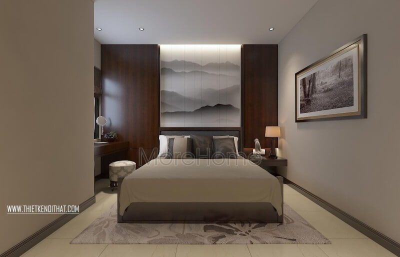 Thiết kế phòng ngủ chung cư nhẹ nhàng thanh tao với những gam màu sắc đơn giản mang lại cho gia chủ một không gian dễ chịu mà đầy đủ công năng sử dụng.