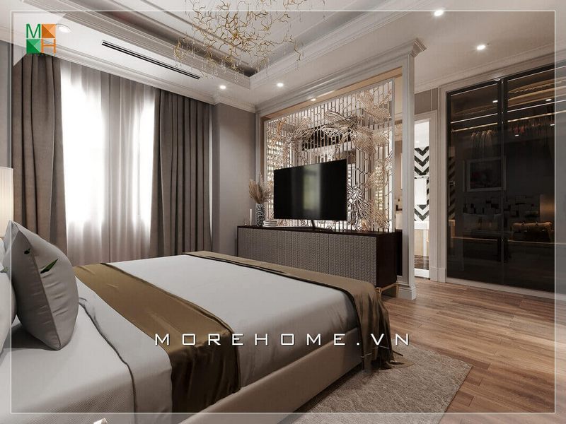 Kệ tv cũng là một trong những đồ nội thất không thể thiếu trong thiết kế nội thất phòng ngủ cao cấp, ở đây kệ tv gỗ nhìn khá đơn giản nhưng cũng hết sức sáng tạo và hiện đại.