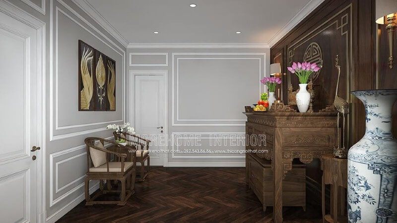 Sắp xếp nội thất phòng thờ đẹp, trang trọng hợp phong thủy từ nội thất gỗ óc chó cao cấp.